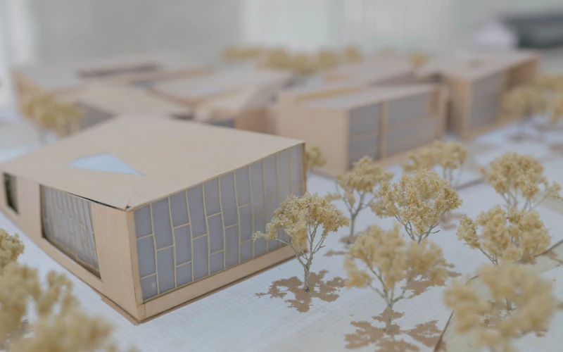 Maquette van een woonwijk met kleine huizen op een tafel